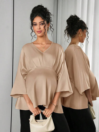 Maternity Elegant Blouse - V Neck, Batwing Three Quarter Sleeve, Asymmetric Hem, White