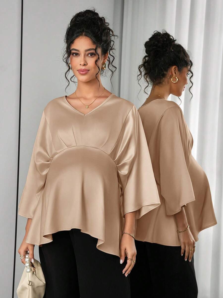Maternity Elegant Blouse - V Neck, Batwing Three Quarter Sleeve, Asymmetric Hem, White