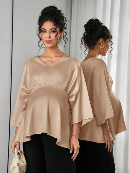 Maternity Elegant Blouse - V Neck, Batwing Three Quarter Sleeve, Asymmetric Hem, White