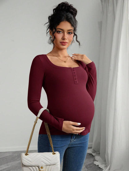 Maternity Grey Long Sleeve Slim Fit Henley T-Shirt with High Stretch Square Neck and Half Button Placket Detail