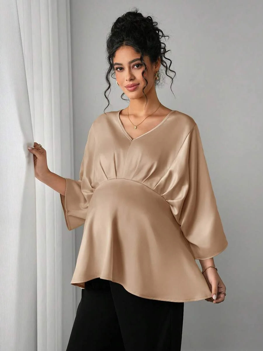 Maternity Elegant Blouse - V Neck, Batwing Three Quarter Sleeve, Asymmetric Hem, White