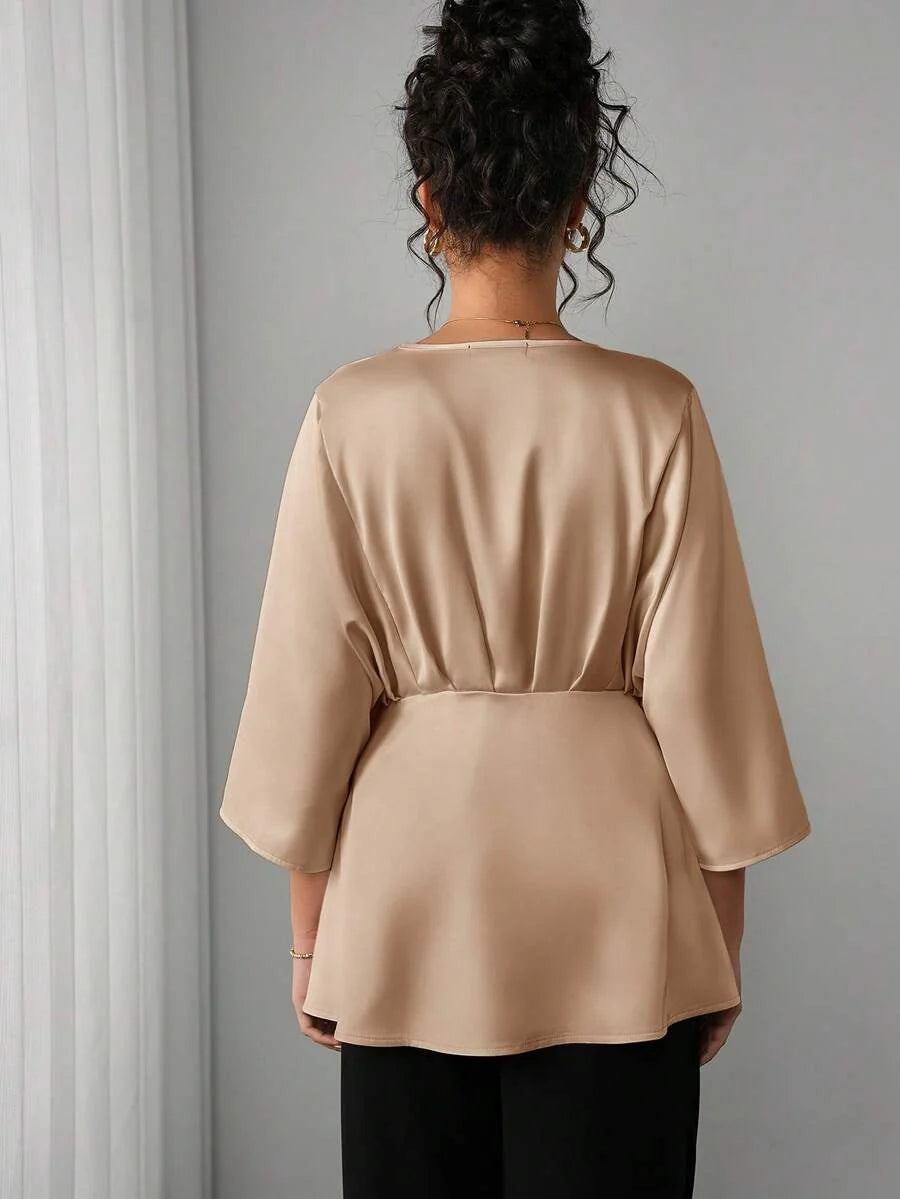 Maternity Elegant Blouse - V Neck, Batwing Three Quarter Sleeve, Asymmetric Hem, White