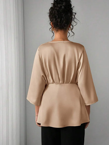 Maternity Elegant Blouse - V Neck, Batwing Three Quarter Sleeve, Asymmetric Hem, White