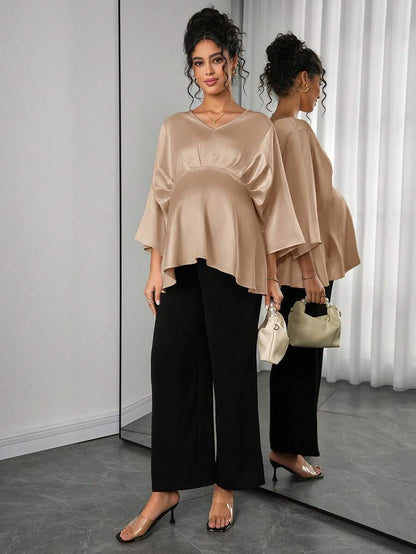 Maternity Elegant Blouse - V Neck, Batwing Three Quarter Sleeve, Asymmetric Hem, White