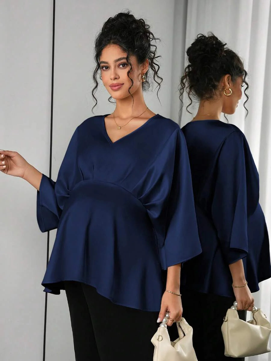 Maternity Elegant Blouse - V Neck, Batwing Three Quarter Sleeve, Asymmetric Hem, White