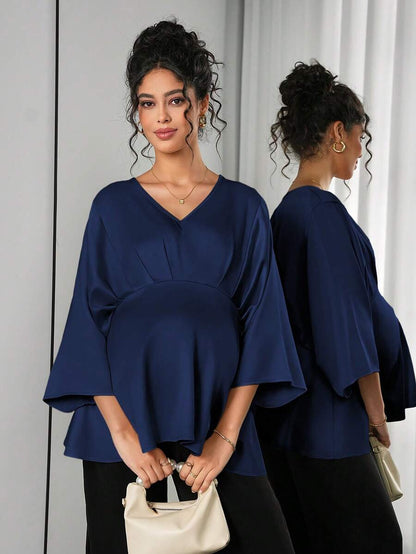 Maternity Elegant Blouse - V Neck, Batwing Three Quarter Sleeve, Asymmetric Hem, White