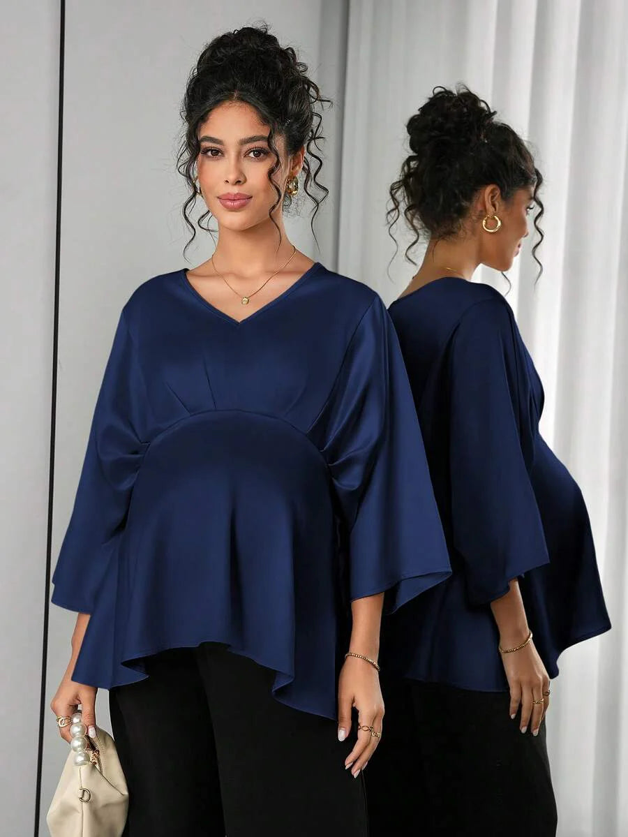 Maternity Elegant Blouse - V Neck, Batwing Three Quarter Sleeve, Asymmetric Hem, White