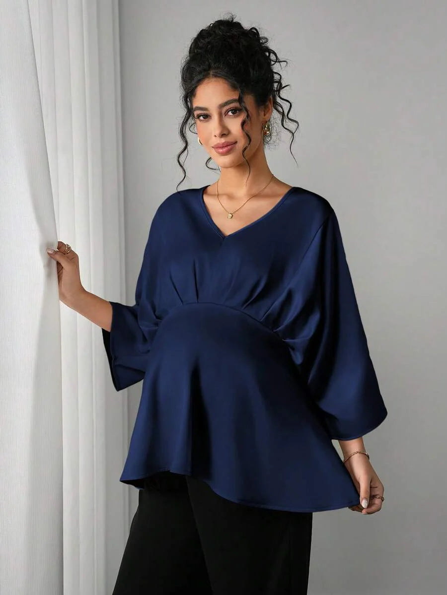 Maternity Elegant Blouse - V Neck, Batwing Three Quarter Sleeve, Asymmetric Hem, White