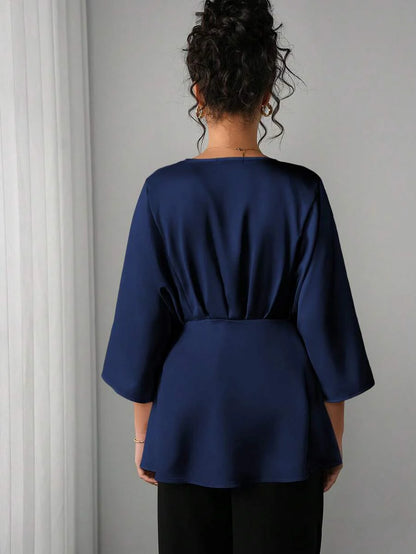 Maternity Elegant Blouse - V Neck, Batwing Three Quarter Sleeve, Asymmetric Hem, White