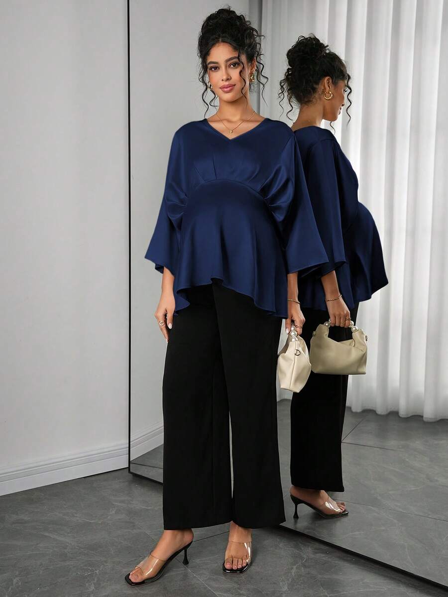 Maternity Elegant Blouse - V Neck, Batwing Three Quarter Sleeve, Asymmetric Hem, White