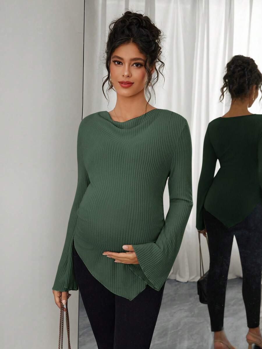 Asymmetrical Neckline Long Sleeve Maternity T-Shirt - Lettuce Hem Ruffle Autumn Winter Top