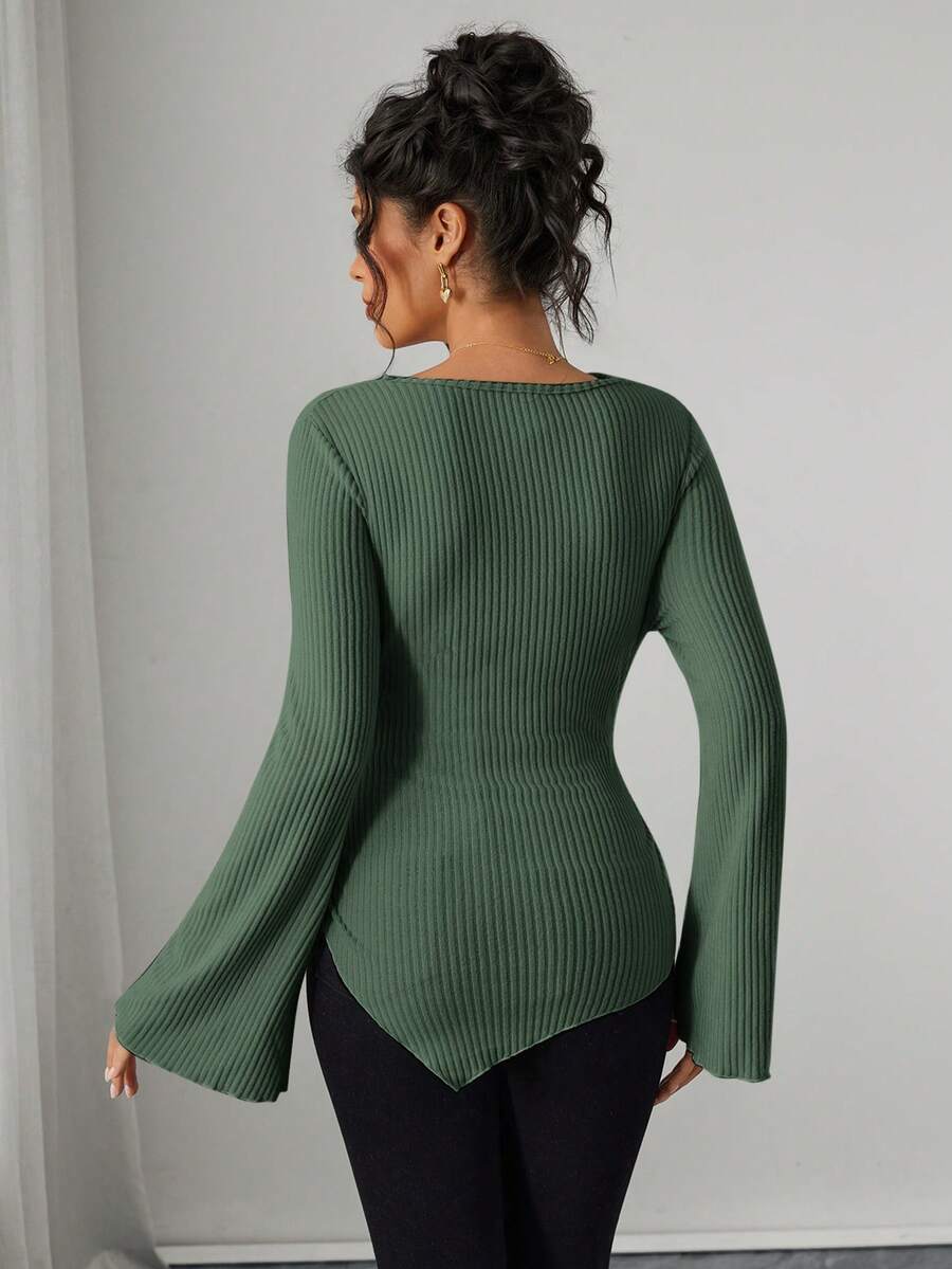 Asymmetrical Neckline Long Sleeve Maternity T-Shirt - Lettuce Hem Ruffle Autumn Winter Top