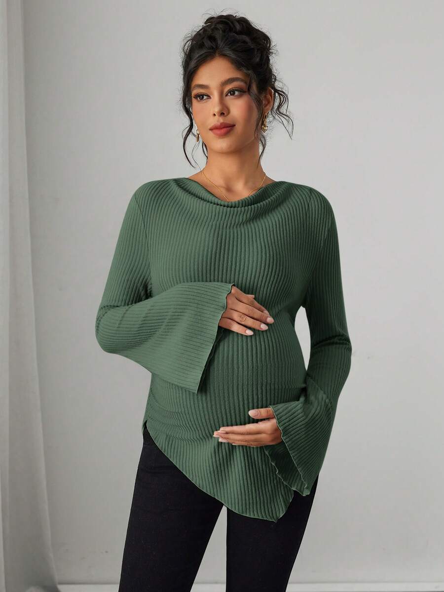 Asymmetrical Neckline Long Sleeve Maternity T-Shirt - Lettuce Hem Ruffle Autumn Winter Top