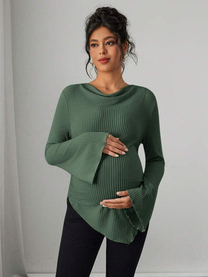 Asymmetrical Neckline Long Sleeve Maternity T-Shirt - Lettuce Hem Ruffle Autumn Winter Top
