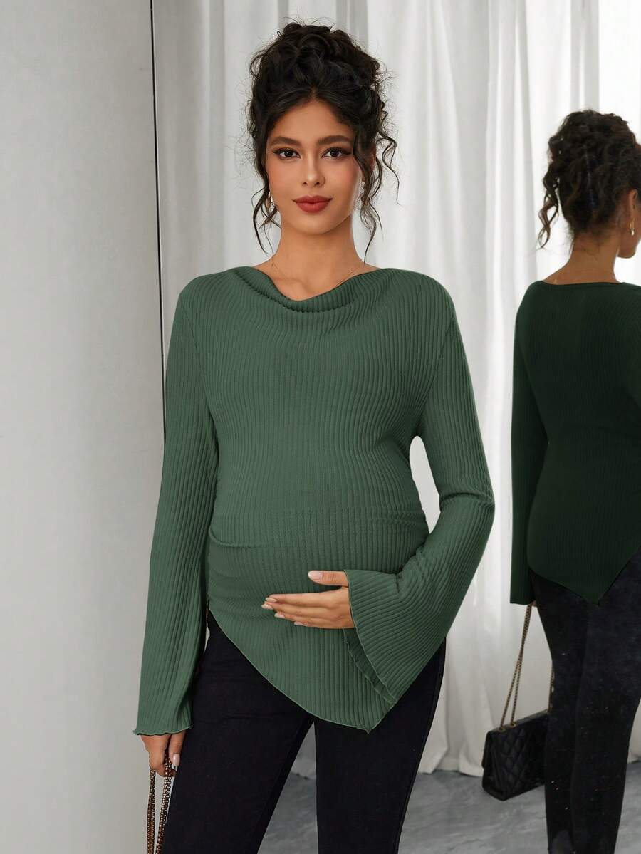 Asymmetrical Neckline Long Sleeve Maternity T-Shirt - Lettuce Hem Ruffle Autumn Winter Top