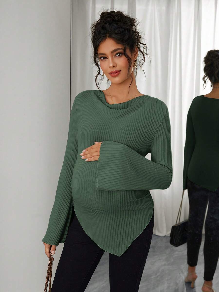 Asymmetrical Neckline Long Sleeve Maternity T-Shirt - Lettuce Hem Ruffle Autumn Winter Top