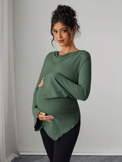 Asymmetrical Neckline Long Sleeve Maternity T-Shirt - Lettuce Hem Ruffle Autumn Winter Top