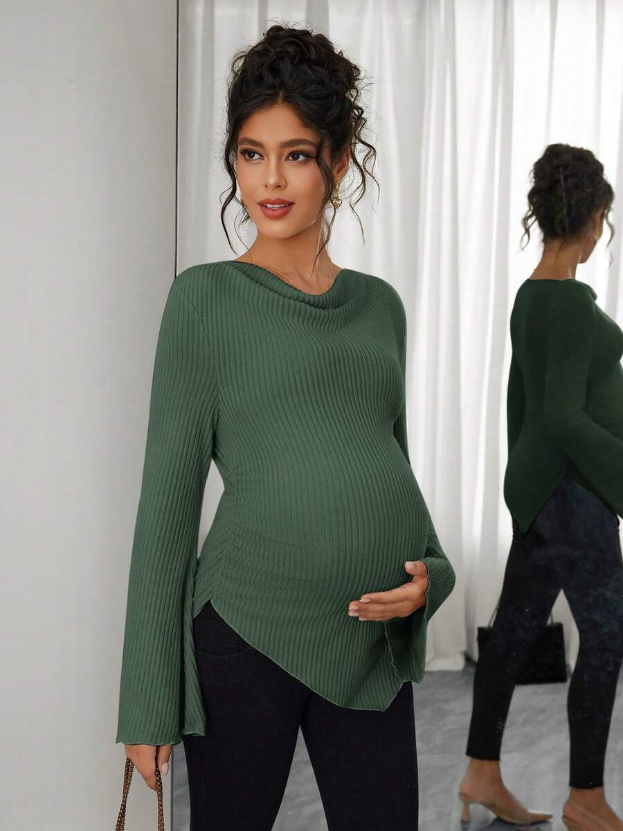 Asymmetrical Neckline Long Sleeve Maternity T-Shirt - Lettuce Hem Ruffle Autumn Winter Top