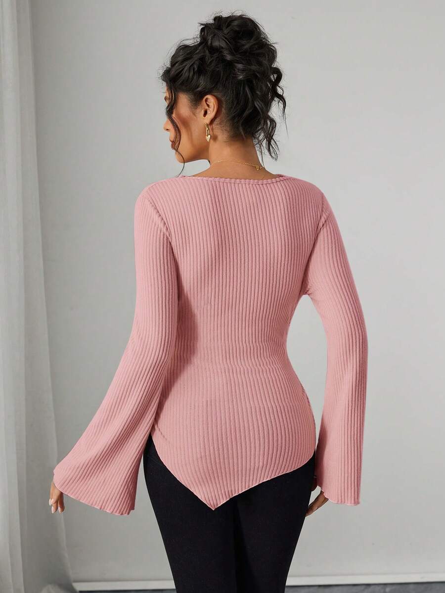 Asymmetrical Neckline Long Sleeve Maternity T-Shirt - Lettuce Hem Ruffle Autumn Winter Top