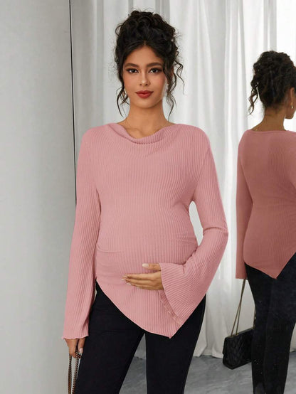 Asymmetrical Neckline Long Sleeve Maternity T-Shirt - Lettuce Hem Ruffle Autumn Winter Top