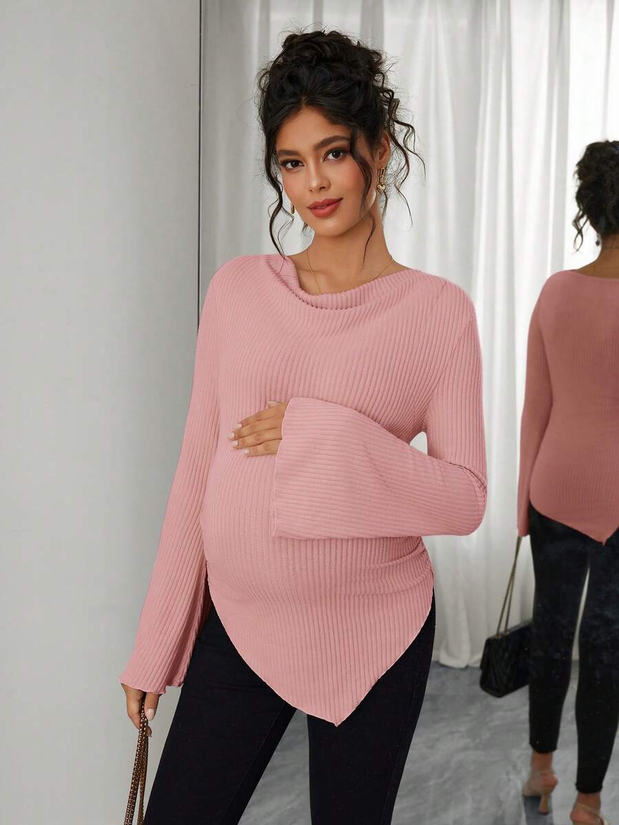 Asymmetrical Neckline Long Sleeve Maternity T-Shirt - Lettuce Hem Ruffle Autumn Winter Top