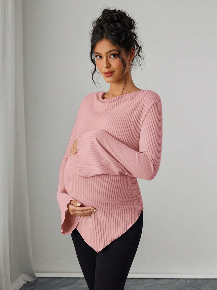 Asymmetrical Neckline Long Sleeve Maternity T-Shirt - Lettuce Hem Ruffle Autumn Winter Top