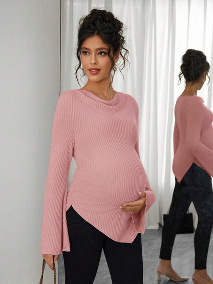 Asymmetrical Neckline Long Sleeve Maternity T-Shirt - Lettuce Hem Ruffle Autumn Winter Top