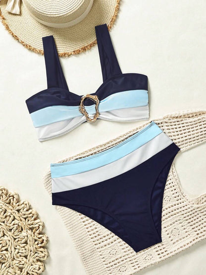 Swim Vcay Fashionable New Sexy Patchwork Color Block Thick Strap Top And High Waist Triangle Bottoms Bikini Swimsuit Set, Bodycon & Alluring For Summer Beach Vacation