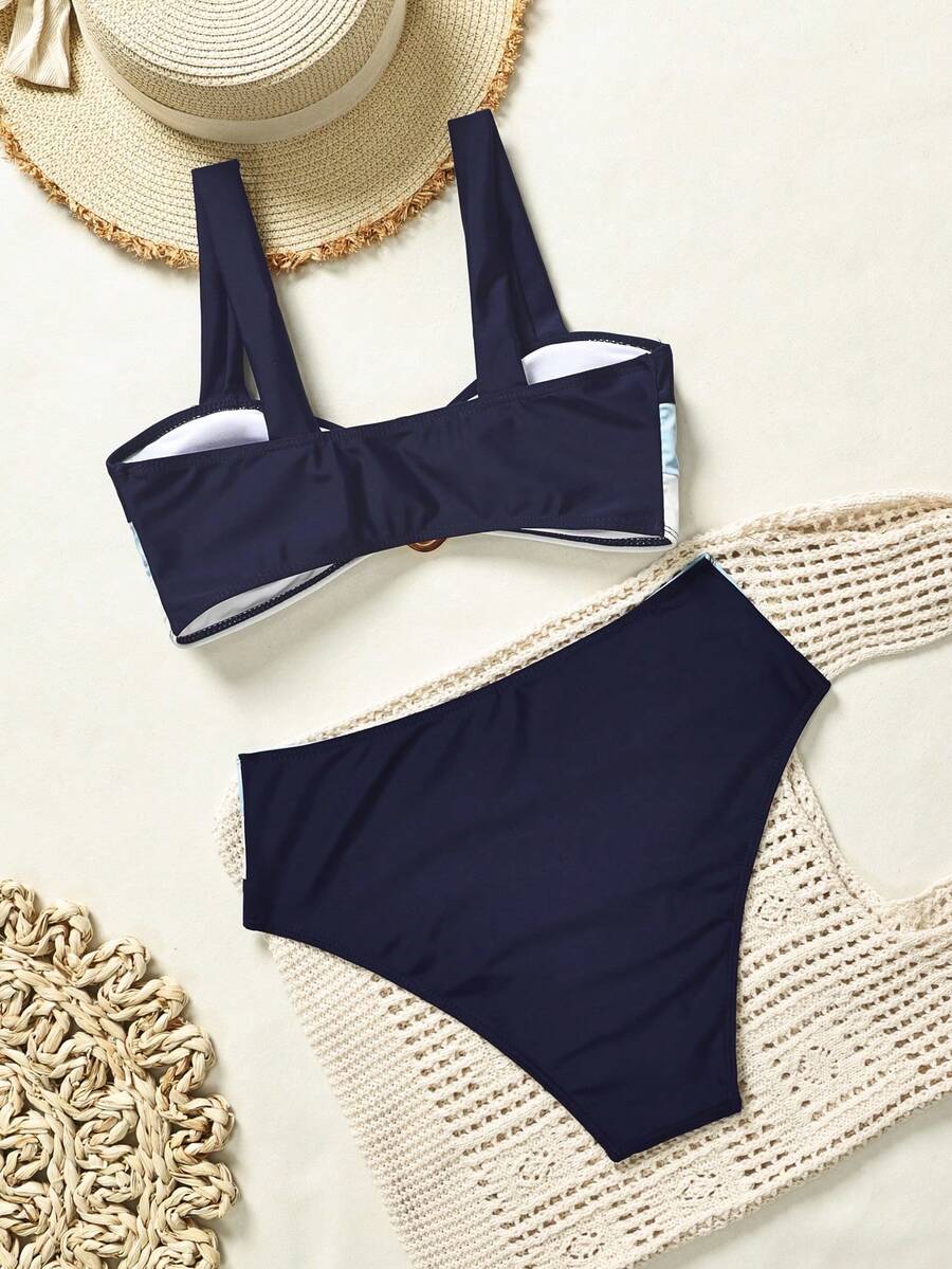 Swim Vcay Fashionable New Sexy Patchwork Color Block Thick Strap Top And High Waist Triangle Bottoms Bikini Swimsuit Set, Bodycon & Alluring For Summer Beach Vacation