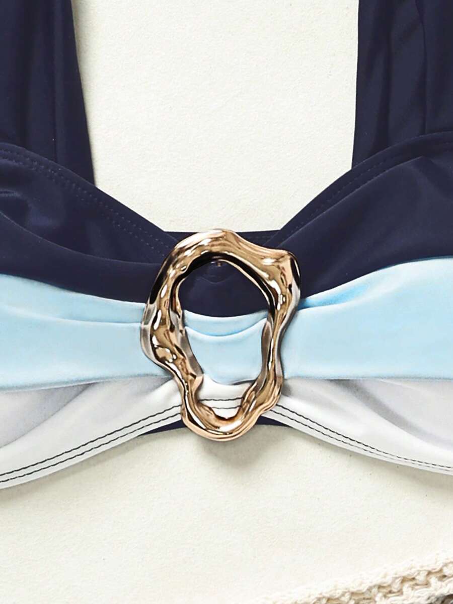 Swim Vcay Fashionable New Sexy Patchwork Color Block Thick Strap Top And High Waist Triangle Bottoms Bikini Swimsuit Set, Bodycon & Alluring For Summer Beach Vacation