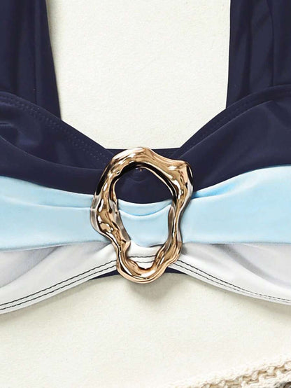 Swim Vcay Fashionable New Sexy Patchwork Color Block Thick Strap Top And High Waist Triangle Bottoms Bikini Swimsuit Set, Bodycon & Alluring For Summer Beach Vacation