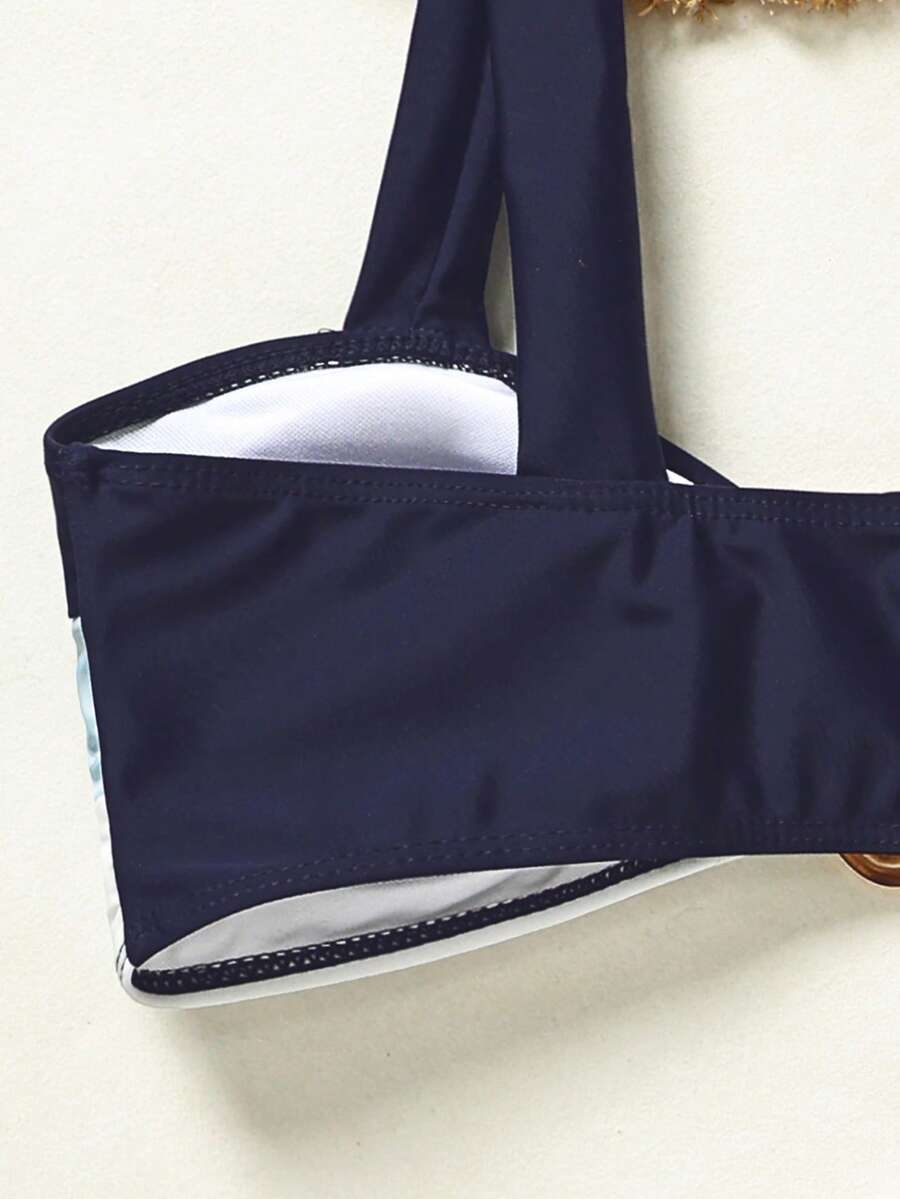 Swim Vcay Fashionable New Sexy Patchwork Color Block Thick Strap Top And High Waist Triangle Bottoms Bikini Swimsuit Set, Bodycon & Alluring For Summer Beach Vacation