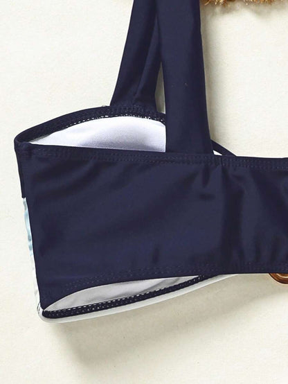 Swim Vcay Fashionable New Sexy Patchwork Color Block Thick Strap Top And High Waist Triangle Bottoms Bikini Swimsuit Set, Bodycon & Alluring For Summer Beach Vacation