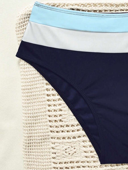 Swim Vcay Fashionable New Sexy Patchwork Color Block Thick Strap Top And High Waist Triangle Bottoms Bikini Swimsuit Set, Bodycon & Alluring For Summer Beach Vacation