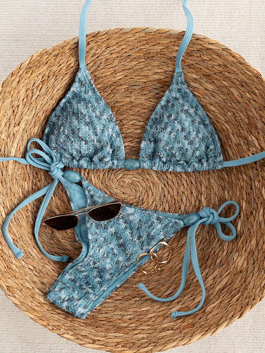 Swim Vcay 2026 Spring/Summer Green Special Fabric Women's Swimwear, Spaghetti Strap Halter Solid Color Sexy Side Tie Thong Bikini Two-Piece Swimwear Teal Bikini Tie Bikini Set Textured Bikini Triangle Bikini Triangle Bikini Set