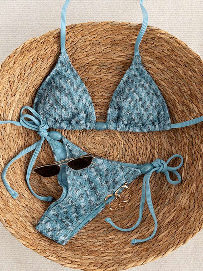 Swim Vcay 2026 Spring/Summer Green Special Fabric Women's Swimwear, Spaghetti Strap Halter Solid Color Sexy Side Tie Thong Bikini Two-Piece Swimwear Teal Bikini Tie Bikini Set Textured Bikini Triangle Bikini Triangle Bikini Set