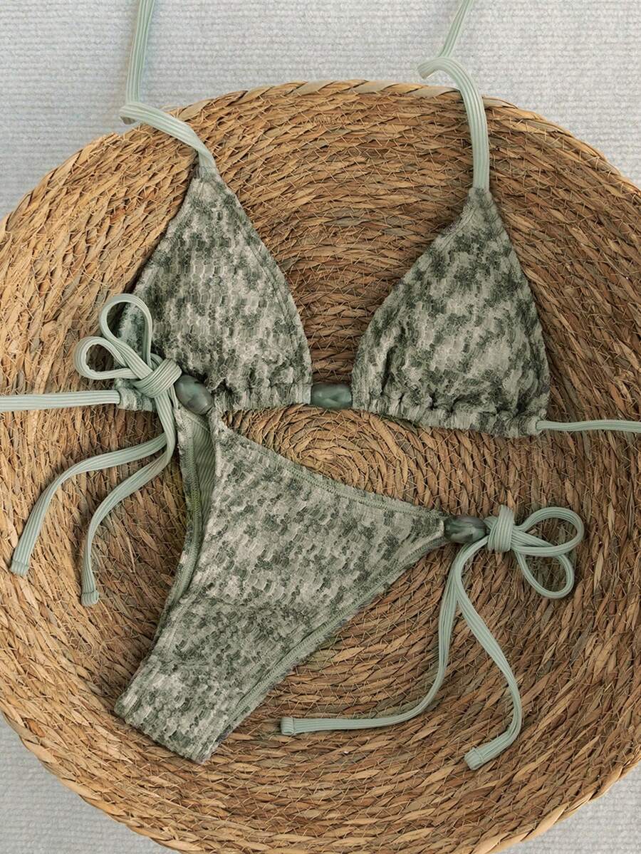 Swim Vcay 2026 Spring/Summer Green Special Fabric Women's Swimwear, Spaghetti Strap Halter Solid Color Sexy Side Tie Thong Bikini Two-Piece Swimwear Teal Bikini Tie Bikini Set Textured Bikini Triangle Bikini Triangle Bikini Set