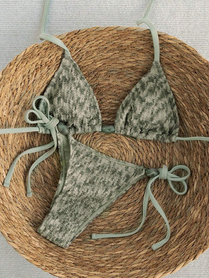 Swim Vcay 2026 Spring/Summer Green Special Fabric Women's Swimwear, Spaghetti Strap Halter Solid Color Sexy Side Tie Thong Bikini Two-Piece Swimwear Teal Bikini Tie Bikini Set Textured Bikini Triangle Bikini Triangle Bikini Set