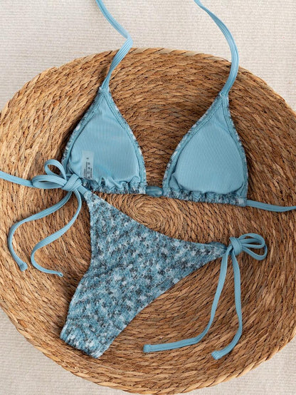 Swim Vcay 2026 Spring/Summer Green Special Fabric Women's Swimwear, Spaghetti Strap Halter Solid Color Sexy Side Tie Thong Bikini Two-Piece Swimwear Teal Bikini Tie Bikini Set Textured Bikini Triangle Bikini Triangle Bikini Set