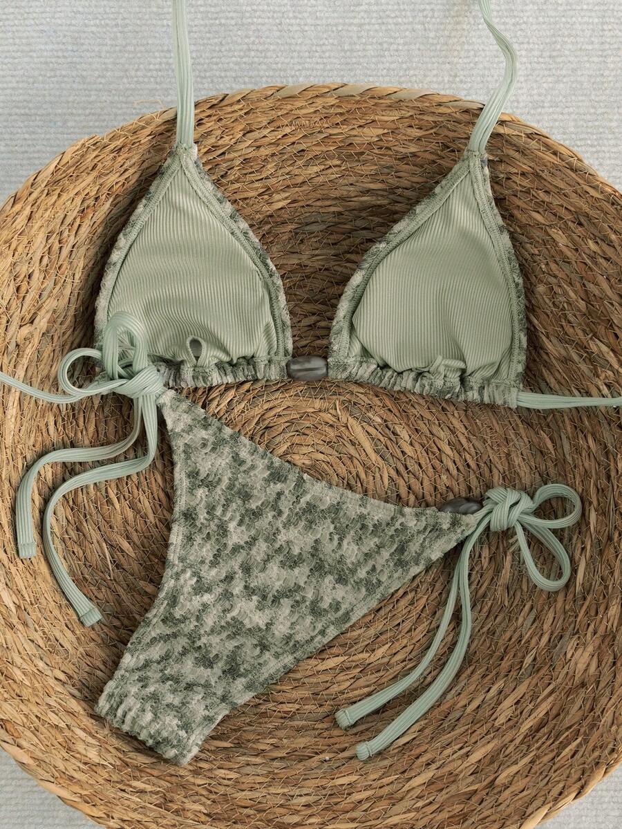 Swim Vcay 2026 Spring/Summer Green Special Fabric Women's Swimwear, Spaghetti Strap Halter Solid Color Sexy Side Tie Thong Bikini Two-Piece Swimwear Teal Bikini Tie Bikini Set Textured Bikini Triangle Bikini Triangle Bikini Set