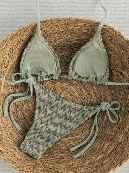 Swim Vcay 2026 Spring/Summer Green Special Fabric Women's Swimwear, Spaghetti Strap Halter Solid Color Sexy Side Tie Thong Bikini Two-Piece Swimwear Teal Bikini Tie Bikini Set Textured Bikini Triangle Bikini Triangle Bikini Set