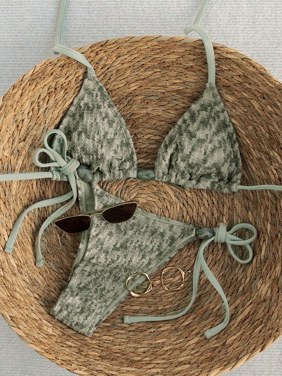 Swim Vcay 2026 Spring/Summer Green Special Fabric Women's Swimwear, Spaghetti Strap Halter Solid Color Sexy Side Tie Thong Bikini Two-Piece Swimwear Teal Bikini Tie Bikini Set Textured Bikini Triangle Bikini Triangle Bikini Set