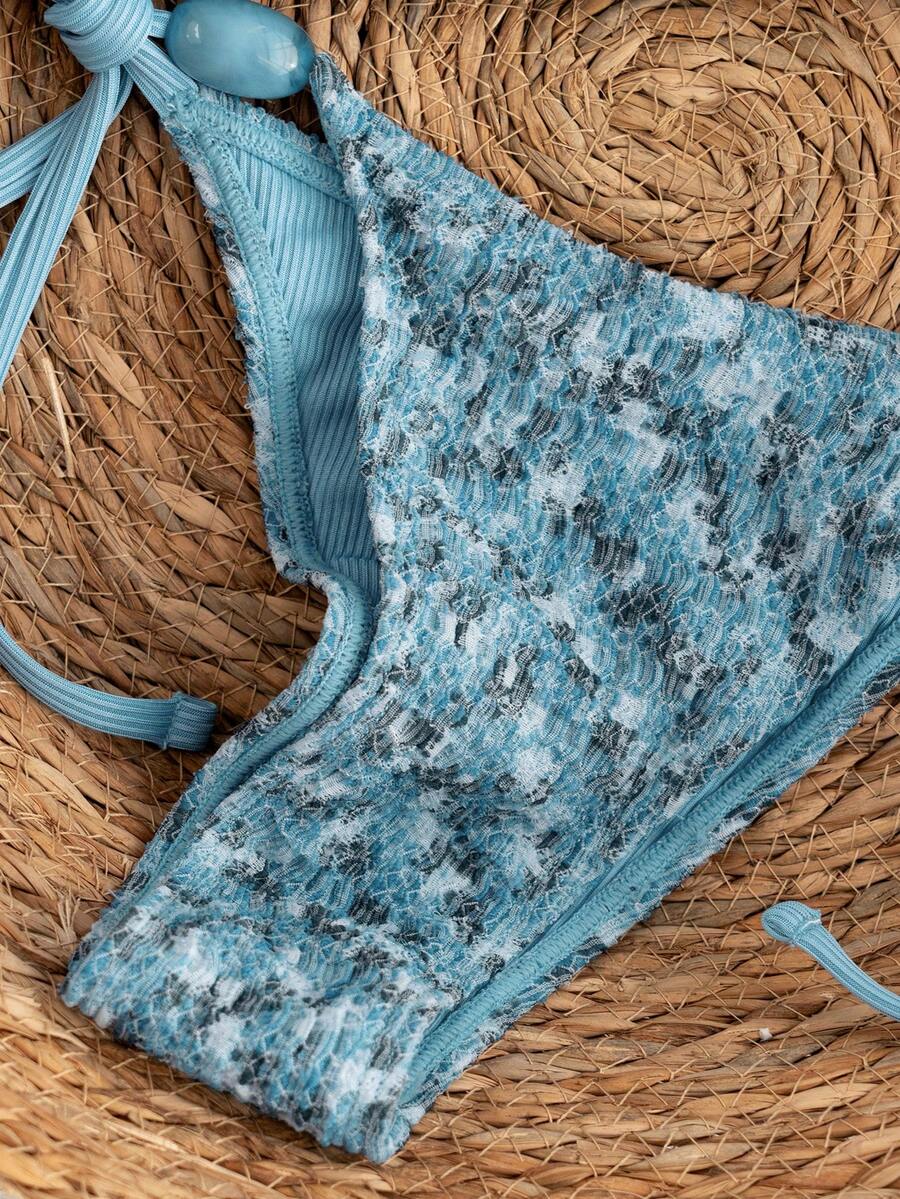 Swim Vcay 2026 Spring/Summer Green Special Fabric Women's Swimwear, Spaghetti Strap Halter Solid Color Sexy Side Tie Thong Bikini Two-Piece Swimwear Teal Bikini Tie Bikini Set Textured Bikini Triangle Bikini Triangle Bikini Set