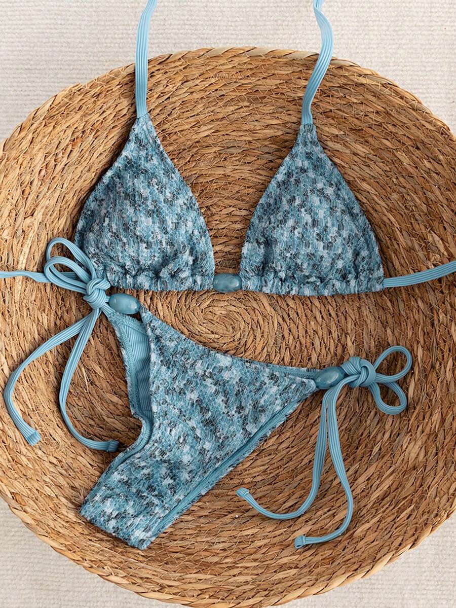 Swim Vcay 2026 Spring/Summer Green Special Fabric Women's Swimwear, Spaghetti Strap Halter Solid Color Sexy Side Tie Thong Bikini Two-Piece Swimwear Teal Bikini Tie Bikini Set Textured Bikini Triangle Bikini Triangle Bikini Set
