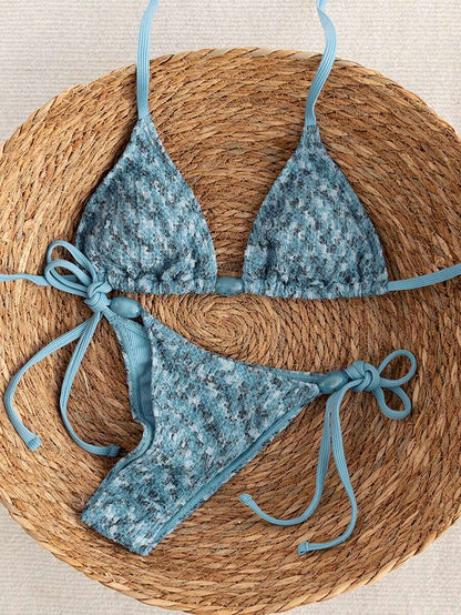 Swim Vcay 2026 Spring/Summer Green Special Fabric Women's Swimwear, Spaghetti Strap Halter Solid Color Sexy Side Tie Thong Bikini Two-Piece Swimwear Teal Bikini Tie Bikini Set Textured Bikini Triangle Bikini Triangle Bikini Set