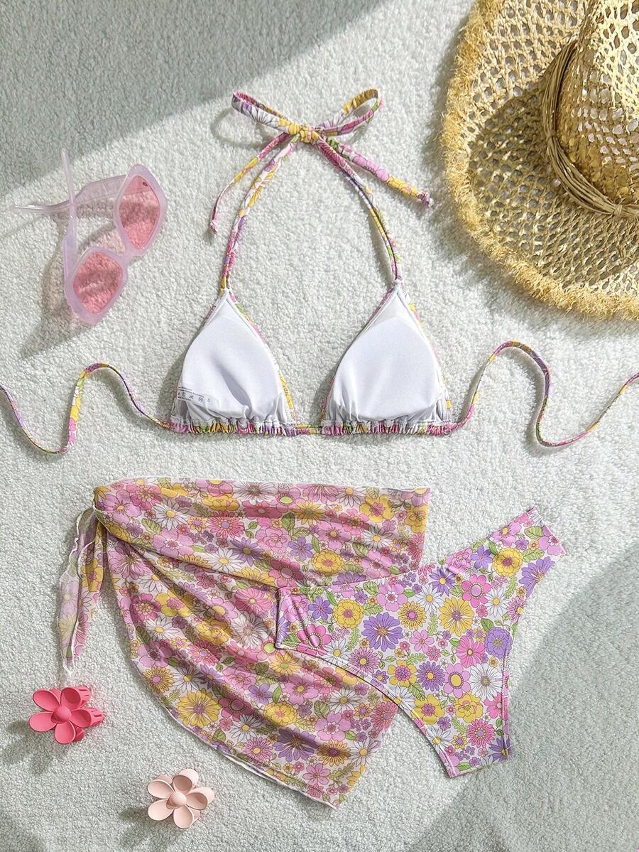 Women's 3-Piece Solid Halter Bikini Set - Knot Detail, Skirt Cover-Up, Triangle Cup, Red