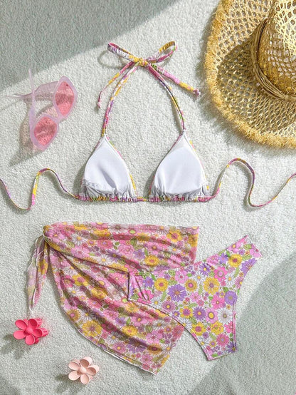Women's 3-Piece Solid Halter Bikini Set - Knot Detail, Skirt Cover-Up, Triangle Cup, Red