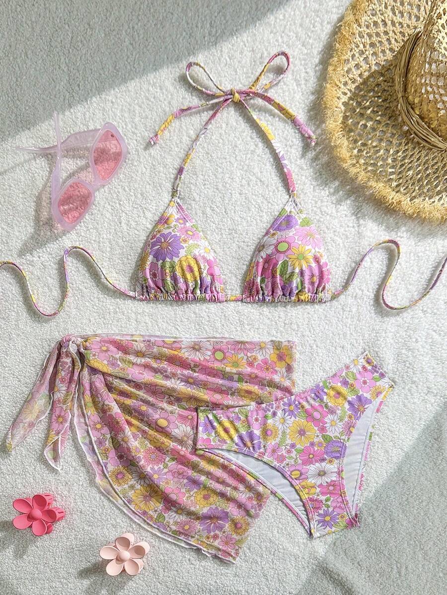 Women's 3-Piece Solid Halter Bikini Set - Knot Detail, Skirt Cover-Up, Triangle Cup, Red
