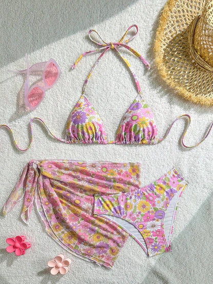 Women's 3-Piece Solid Halter Bikini Set - Knot Detail, Skirt Cover-Up, Triangle Cup, Red