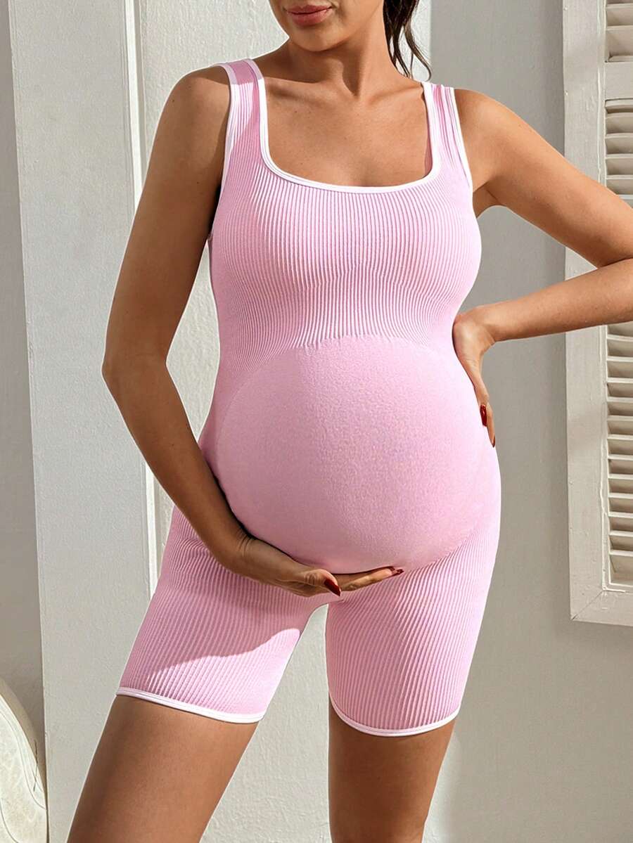 Maternity Contrast Trim Scoop Neck Sleeveless Jumpsuit - Slim Fit Seamless Sportswear